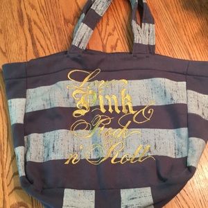 PINK Victoria’s Secret Blue Striped Gold Tote